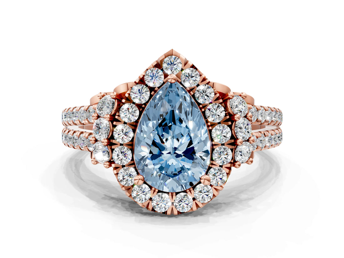 Rose gold Fancy Blue Pear  Cut Double Halo Diamond Engagement Ring with Pave Band and Four-Prong Setting_43