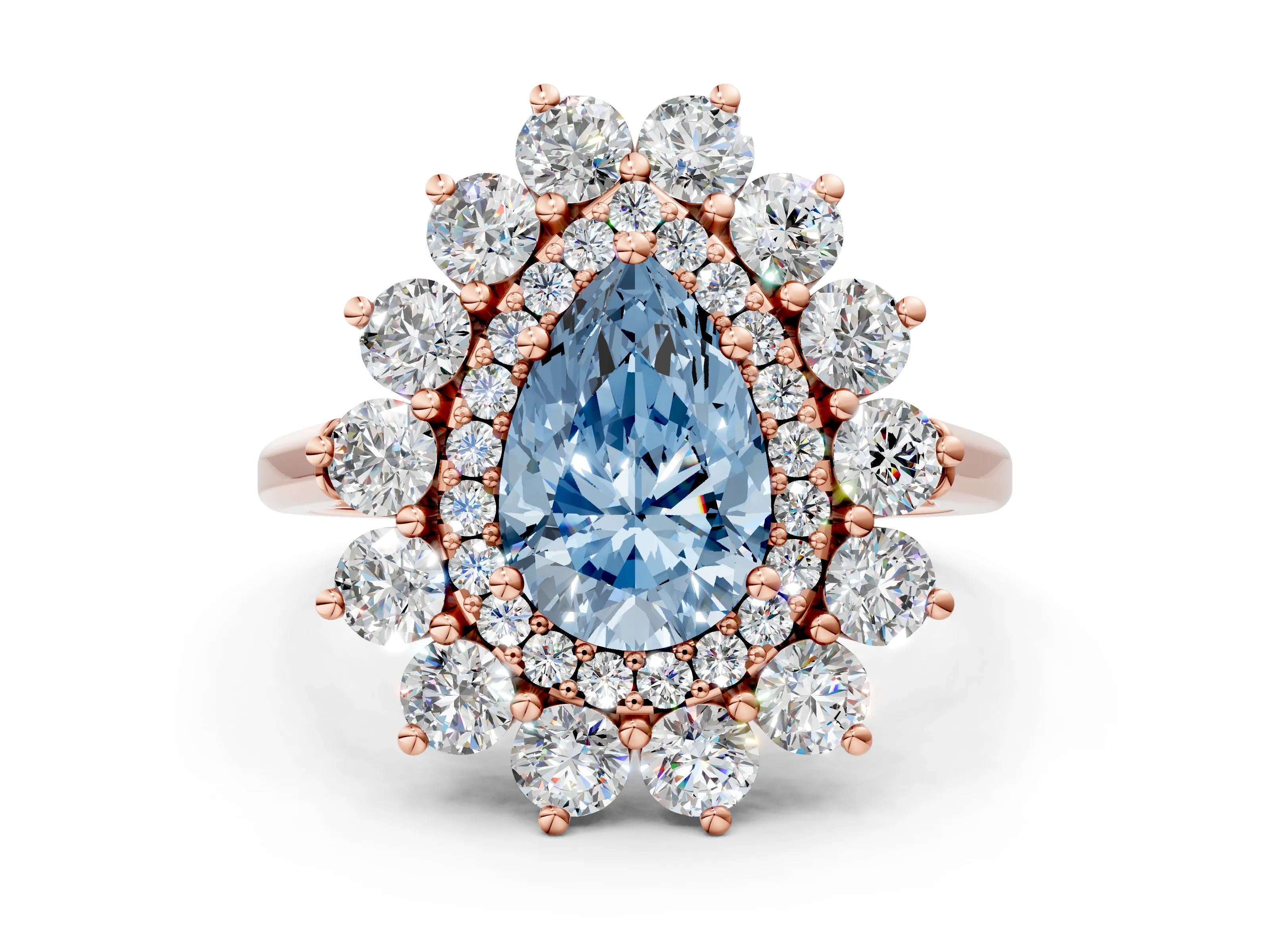 Rose gold Fancy Blue Pear Cut Halo Cluster Diamond Ring with Pave Band and Four-Prong Setting