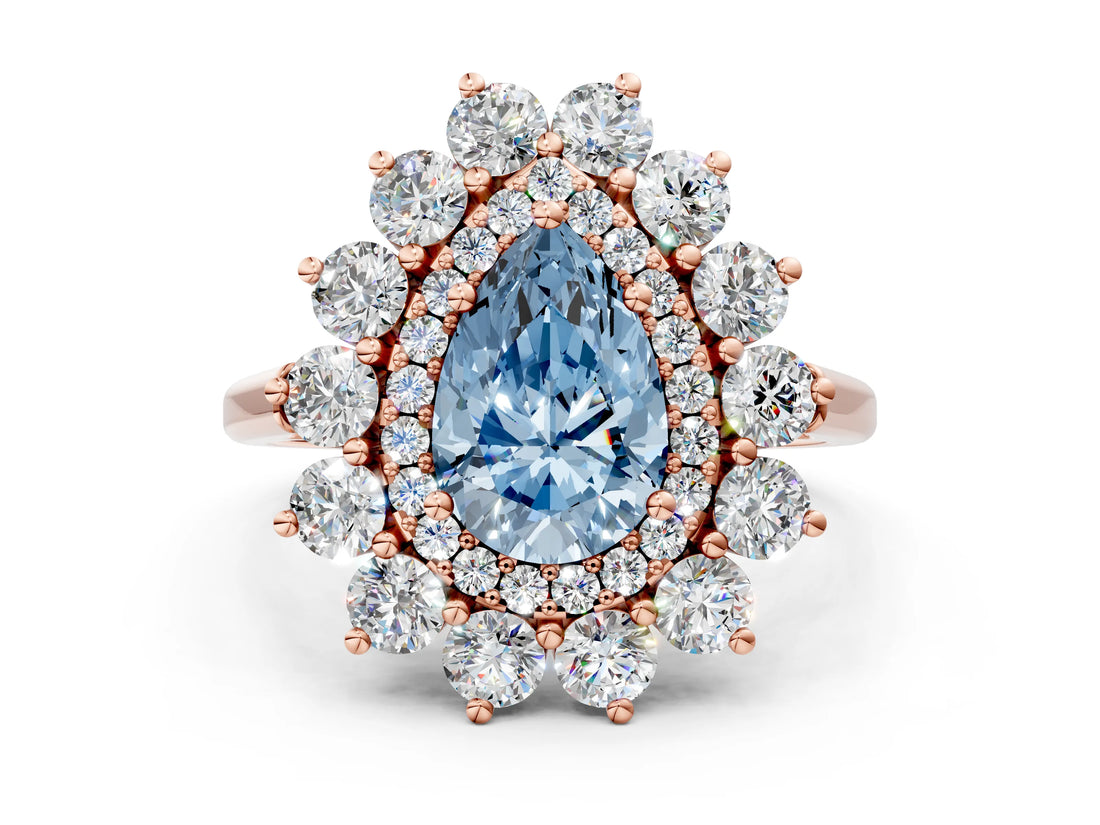 Rose gold Fancy Blue Pear Cut Halo Cluster Diamond Ring with Pave Band and Four-Prong Setting_12