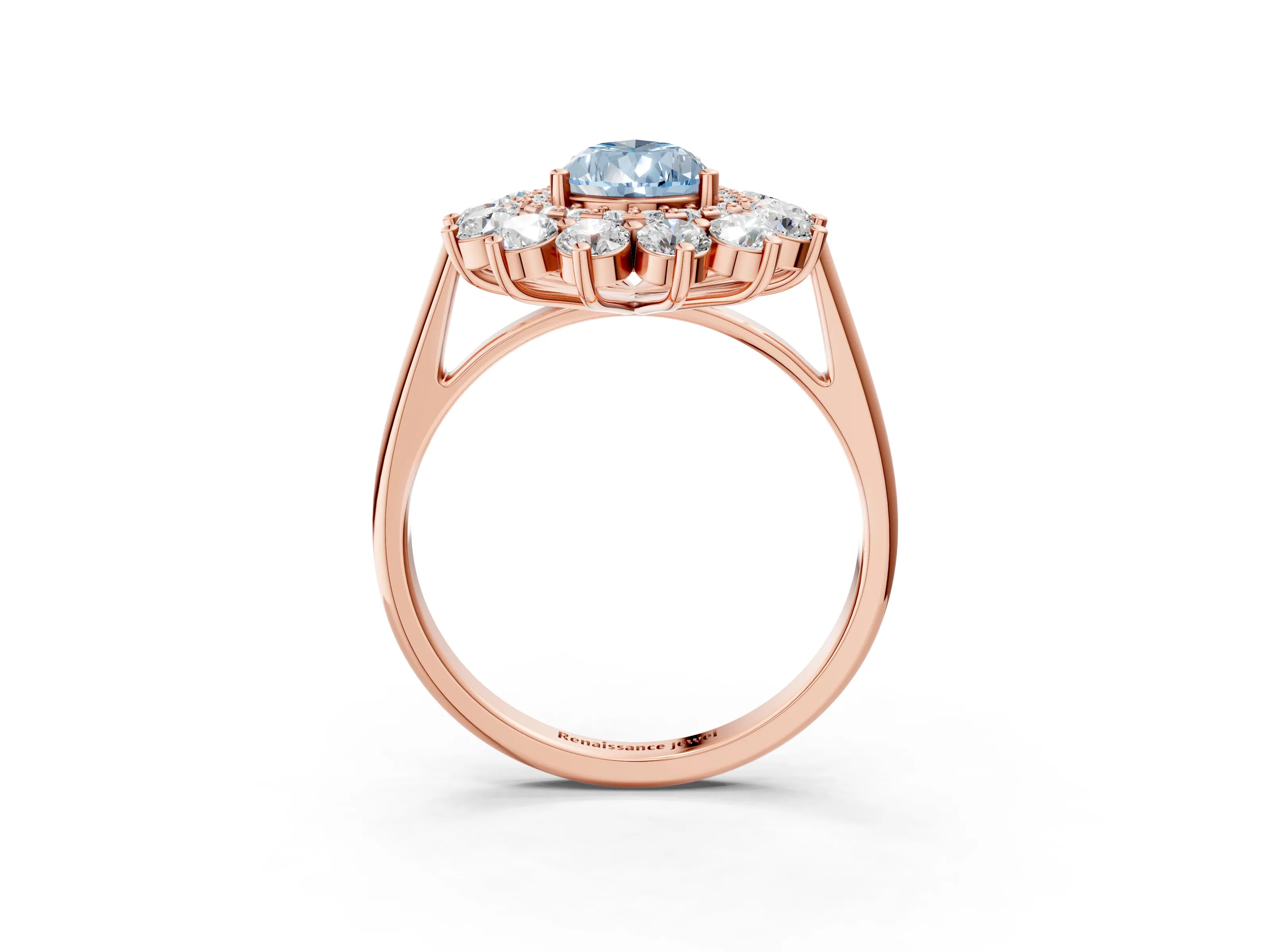 Rose gold Fancy Blue Pear Cut Halo Cluster Diamond Ring with Pave Band and Four-Prong Setting_15