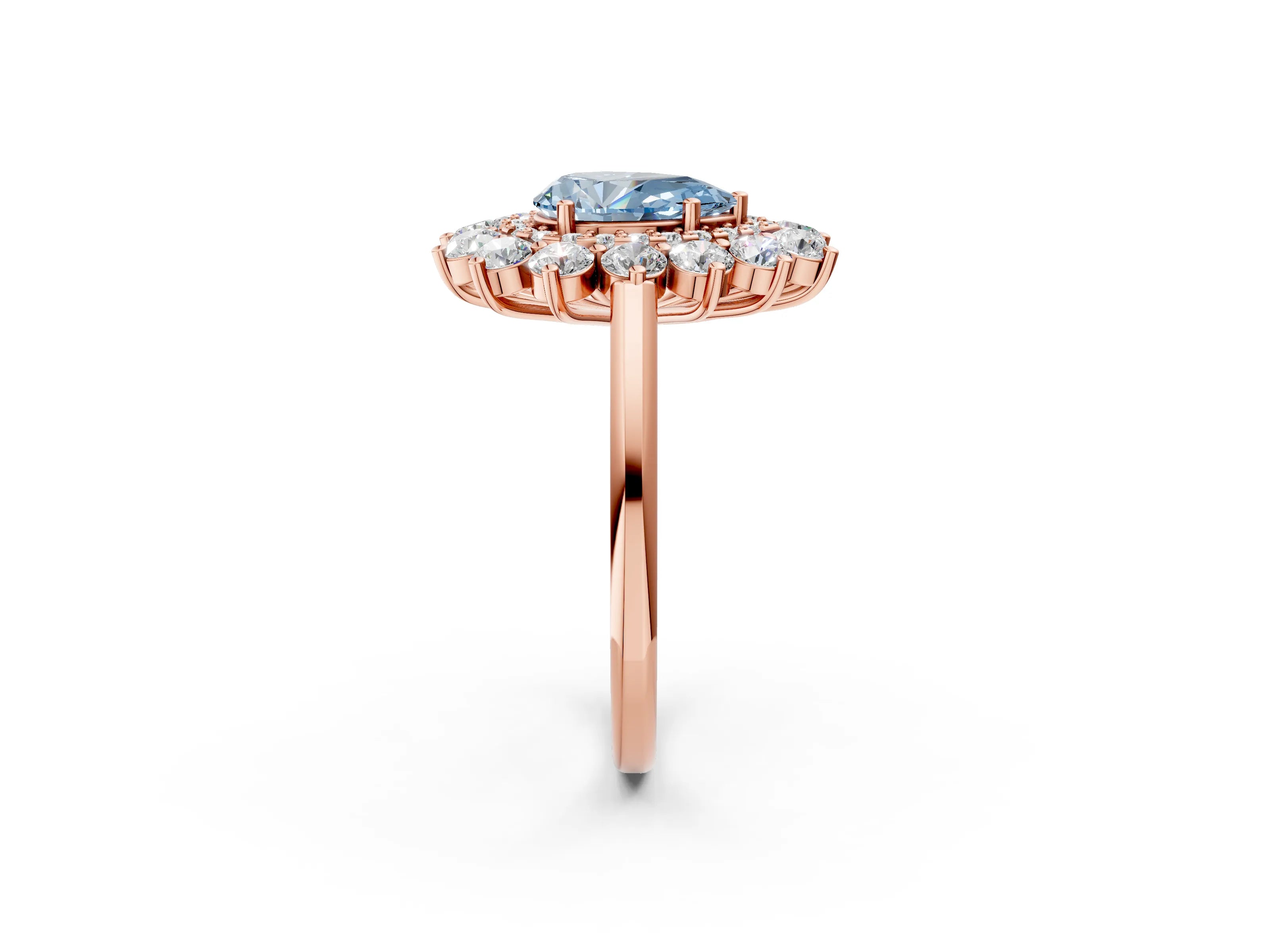Rose gold Fancy Blue Pear Cut Halo Cluster Diamond Ring with Pave Band and Four-Prong Setting_2