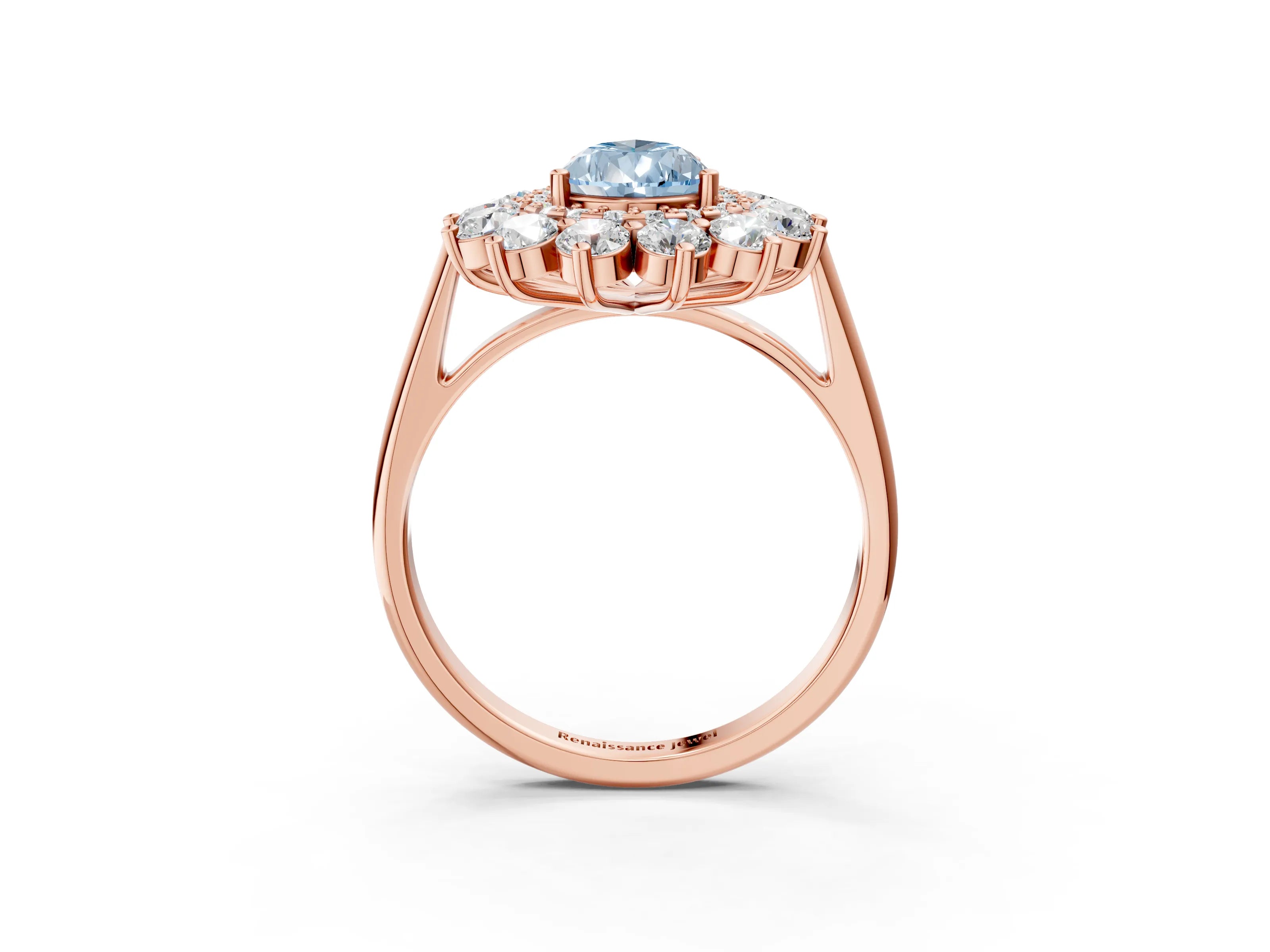 Rose gold Fancy Blue Pear Cut Halo Cluster Diamond Ring with Pave Band and Four-Prong Setting_3