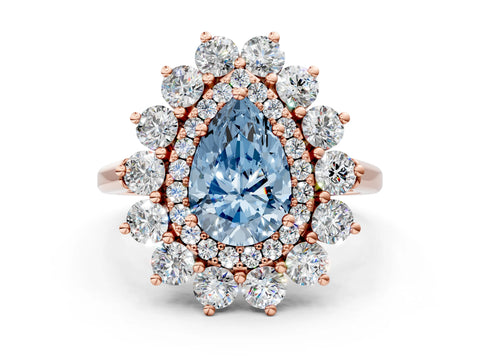 Rose gold Fancy Blue Pear Cut Halo Cluster Diamond Ring with Pave Band and Four-Prong Setting