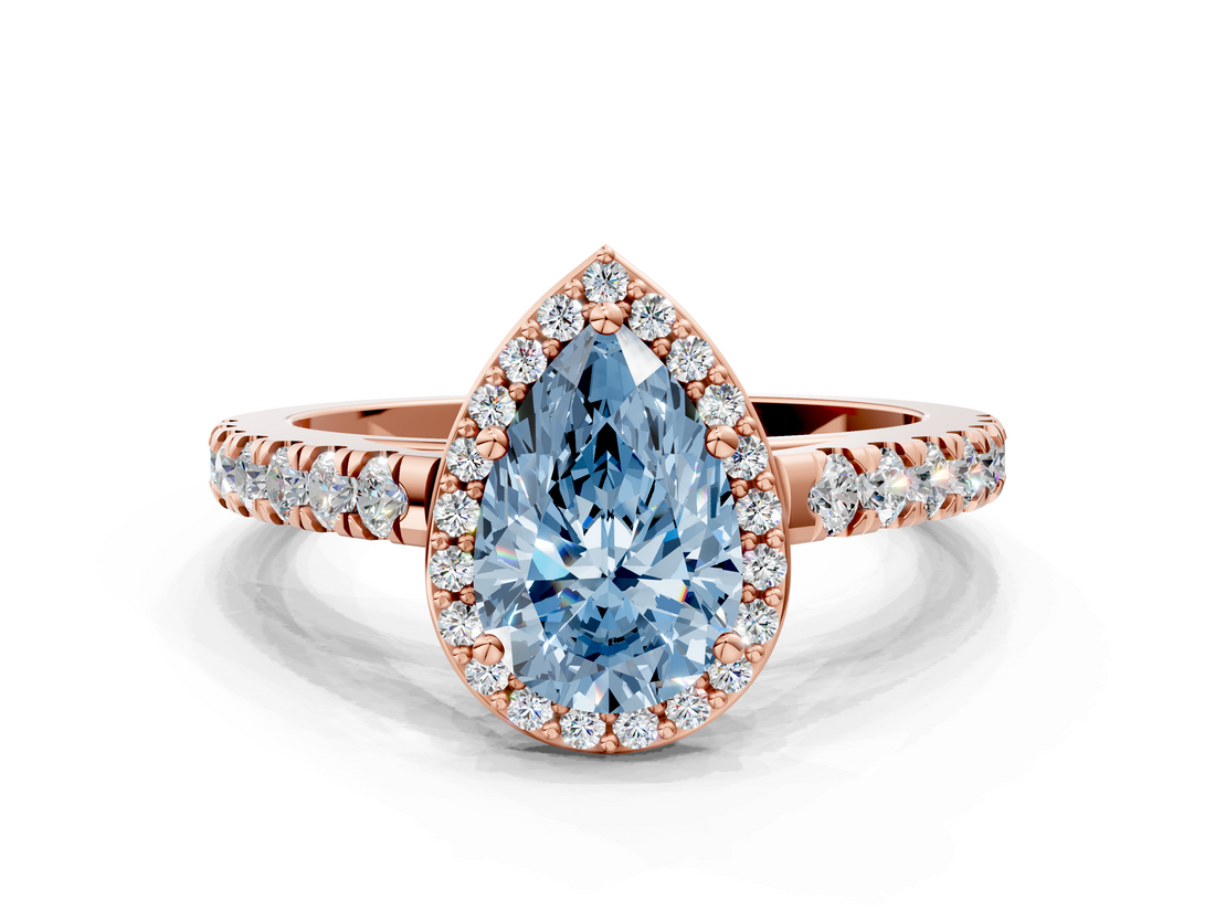 Rose gold Fancy Blue Pear  Cut Halo Diamond Engagement Ring with Pave Band and Four-Prong Setting_28