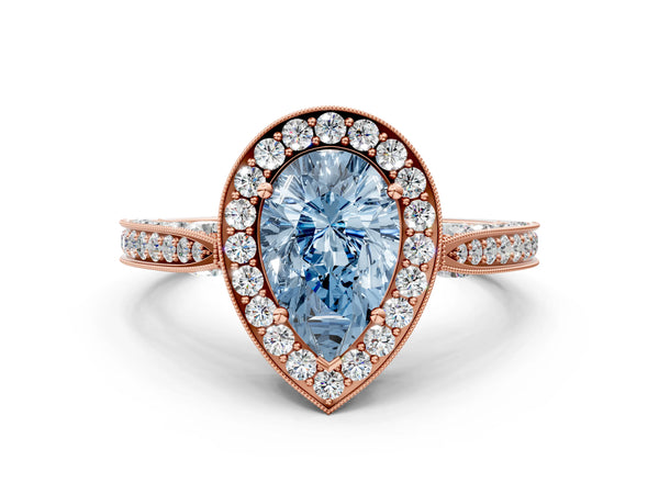 Rose gold Fancy Blue Pear Cut Halo Diamond Engagement Ring with Split Shank Band and Four-Prong Setting