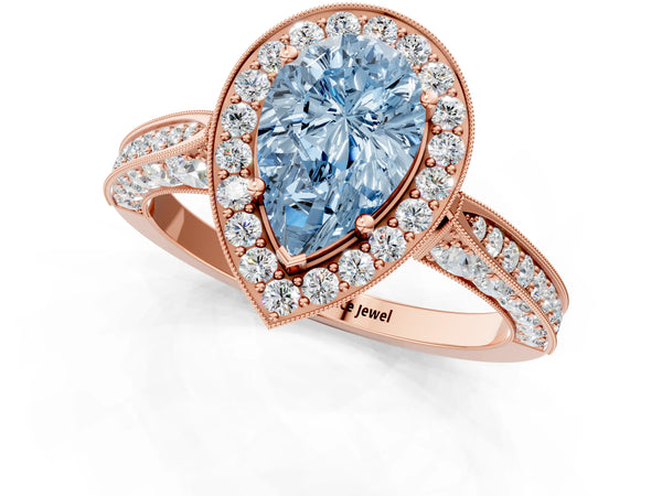 Rose gold Fancy Blue Pear Cut Halo Diamond Engagement Ring with Split Shank Band and Four-Prong Setting