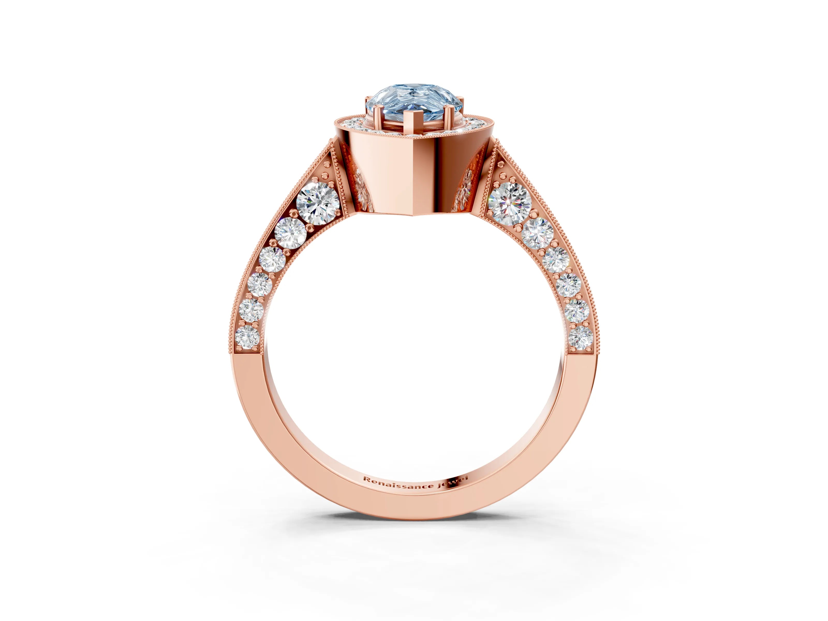 Rose gold Fancy Blue Pear Cut Halo Diamond Engagement Ring with Split Shank Band and Four-Prong Setting_3