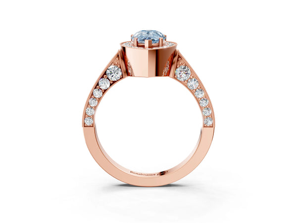 Rose gold Fancy Blue Pear Cut Halo Diamond Engagement Ring with Split Shank Band and Four-Prong Setting
