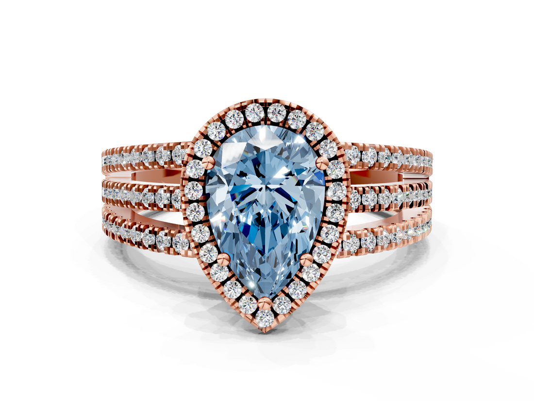 Rose gold Fancy Blue Pear  Cut Halo Diamond Engagement Ring with Split Shank and Four-Prong Setting_20