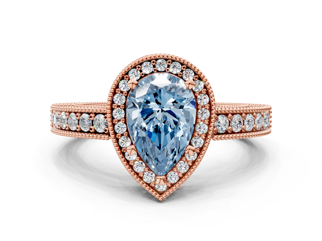 Rose gold Fancy Blue Pear  Cut Halo Diamond Pave Band Ring with Four-Prong Setting_45