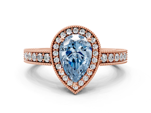 Rose gold Fancy Blue Pear  Cut Halo Diamond Pave Band Ring with Four-Prong Setting
