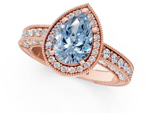 Rose gold Fancy Blue Pear  Cut Halo Diamond Pave Band Ring with Four-Prong Setting