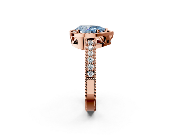 Rose gold Fancy Blue Pear  Cut Halo Diamond Pave Band Ring with Four-Prong Setting