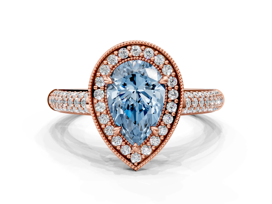 Rose gold Fancy Blue Pear  Cut Halo Diamond Pave Band with Four-Prong Setting_37