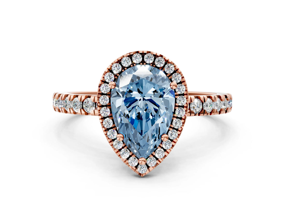Rose gold Fancy Blue Pear Cut Halo Diamond Pave Band with Prong Setting