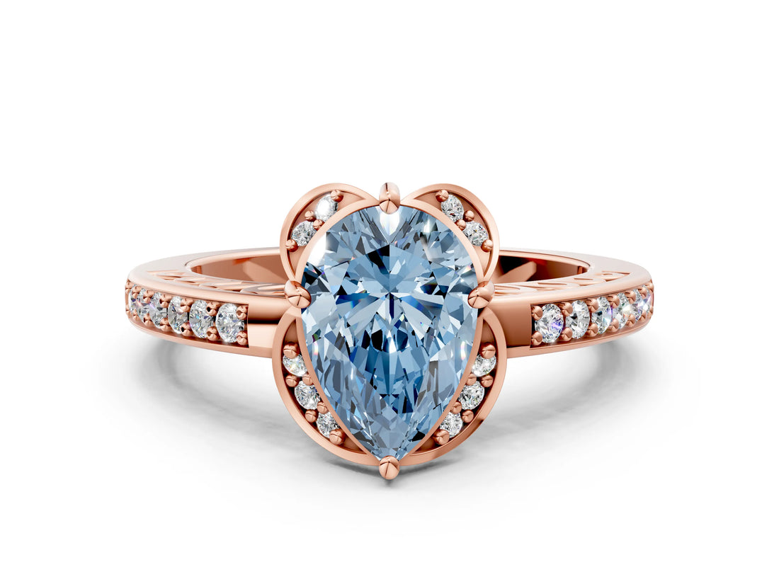 Rose gold Fancy Blue Pear  Cut Halo Diamond Ring with Channel Set Band and Four-Prong Setting_32