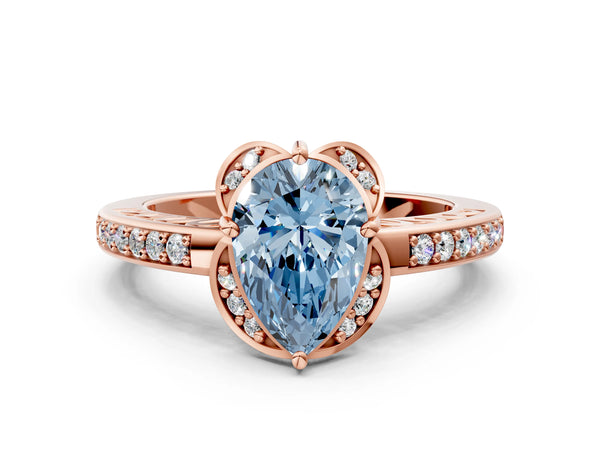 Rose gold Fancy Blue Pear  Cut Halo Diamond Ring with Channel Set Band and Four-Prong Setting