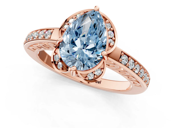 Rose gold Fancy Blue Pear  Cut Halo Diamond Ring with Channel Set Band and Four-Prong Setting