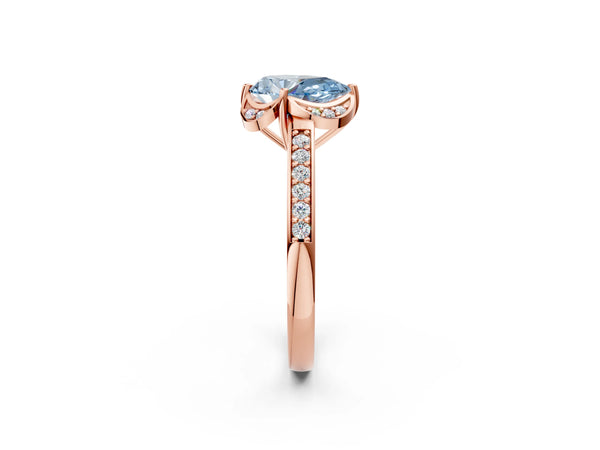 Rose gold Fancy Blue Pear  Cut Halo Diamond Ring with Channel Set Band and Four-Prong Setting