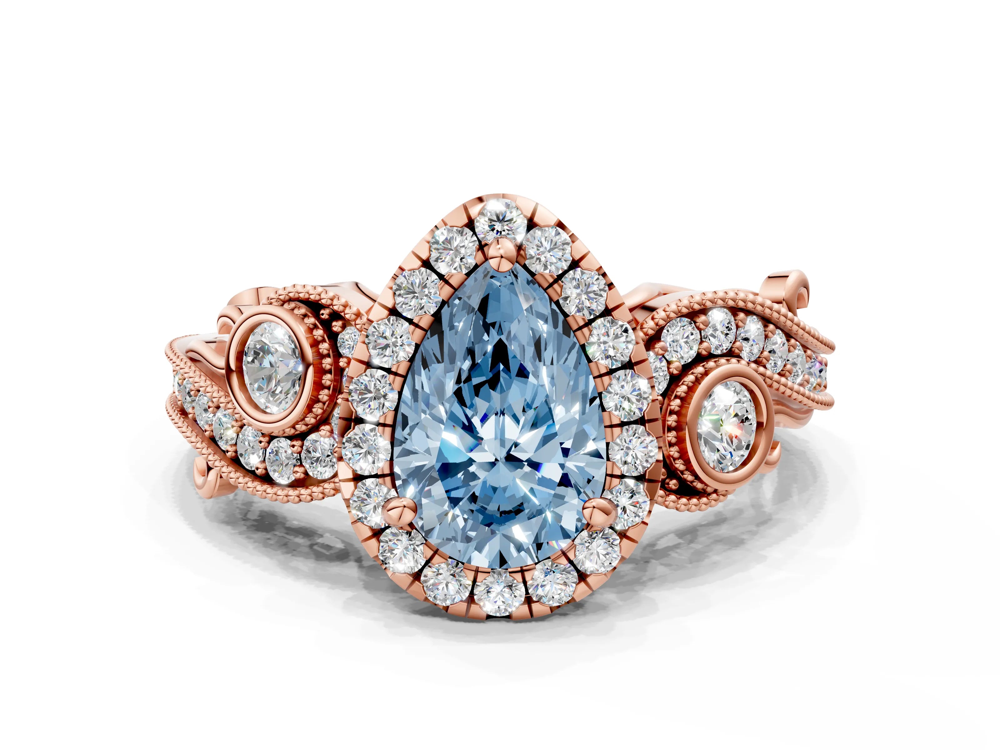 Rose gold Fancy Blue Pear Cut Halo Diamond Ring with Milgrain and Bezel Accents on a Split Shank Band
