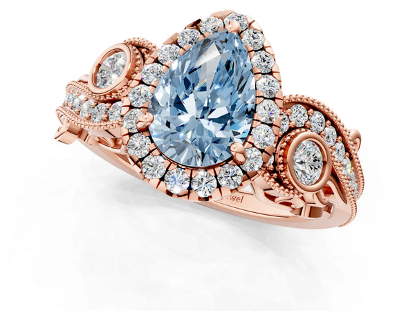 Rose gold Fancy Blue Pear Cut Halo Diamond Ring with Milgrain and Bezel Accents on a Split Shank Band