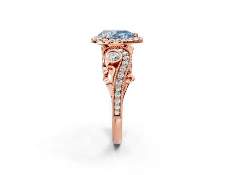 Rose gold Fancy Blue Pear Cut Halo Diamond Ring with Milgrain and Bezel Accents on a Split Shank Band_2