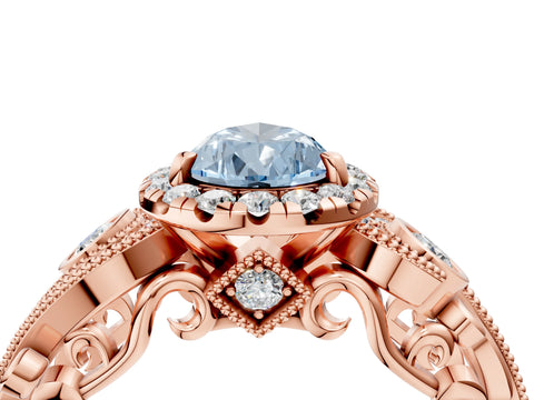 Rose gold Fancy Blue Pear Cut Halo Diamond Ring with Milgrain and Bezel Accents on a Split Shank Band_4