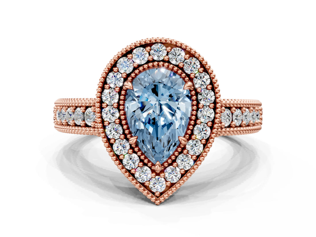 Rose gold Fancy Blue Pear  Cut Halo Diamond Ring with Pavé Band and Four-Prong Setting_69