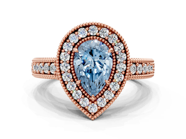 Rose gold Fancy Blue Pear  Cut Halo Diamond Ring with Pavé Band and Four-Prong Setting