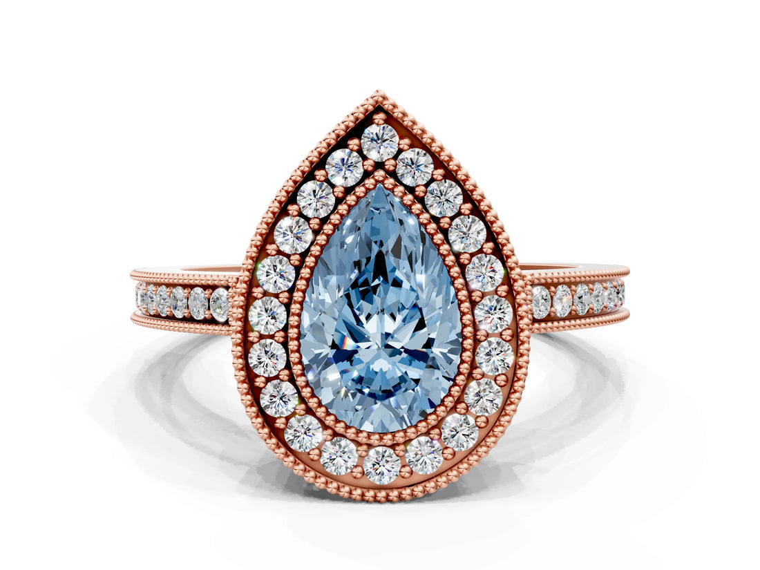Rose gold Fancy Blue Pear  Cut Halo Diamond Ring with Pavé Band and Milgrain Prong Setting_32