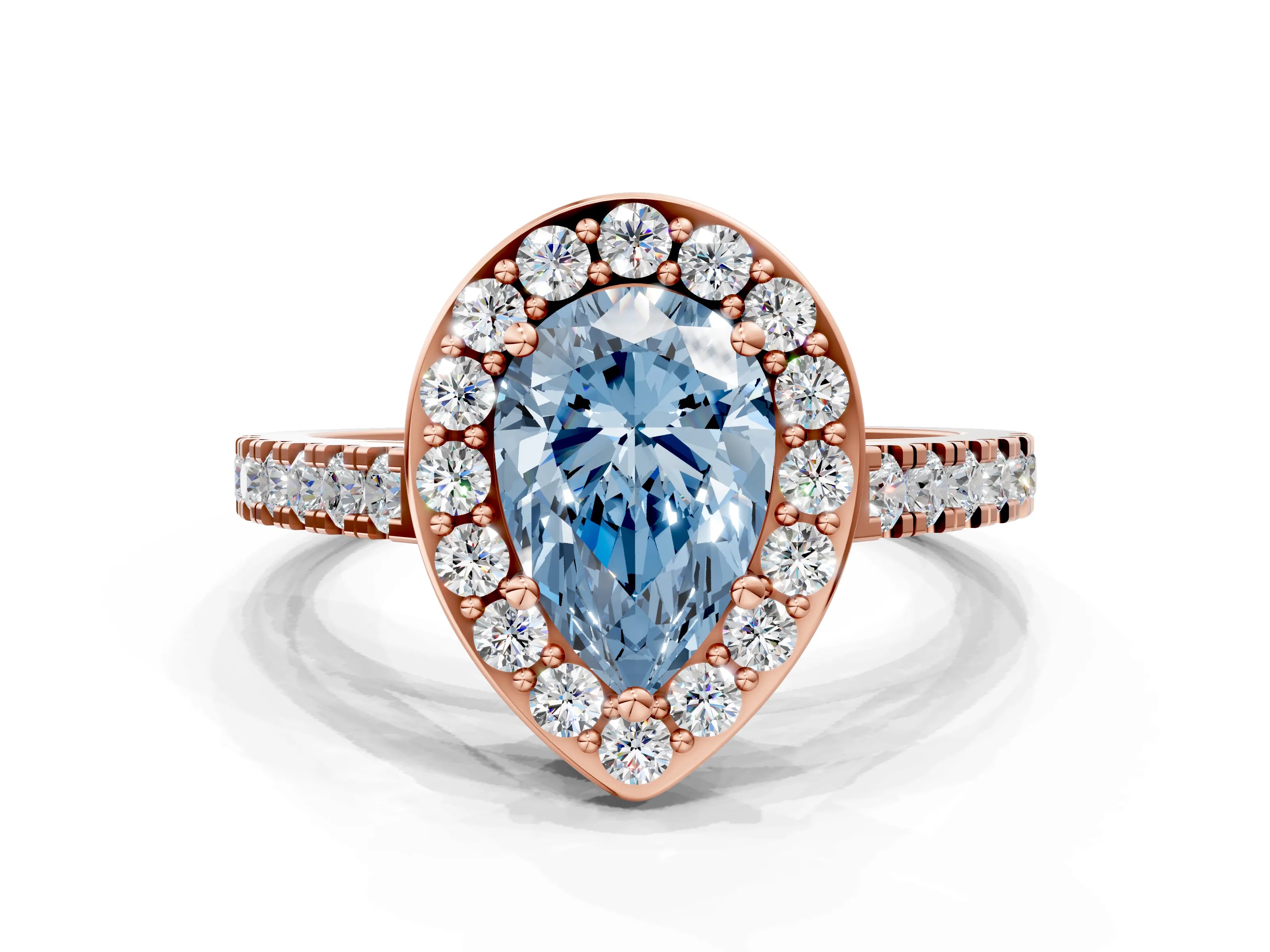 Rose gold Fancy Blue Pear Cut Halo Diamond Ring with Pavé Band and Three-Prong Setting