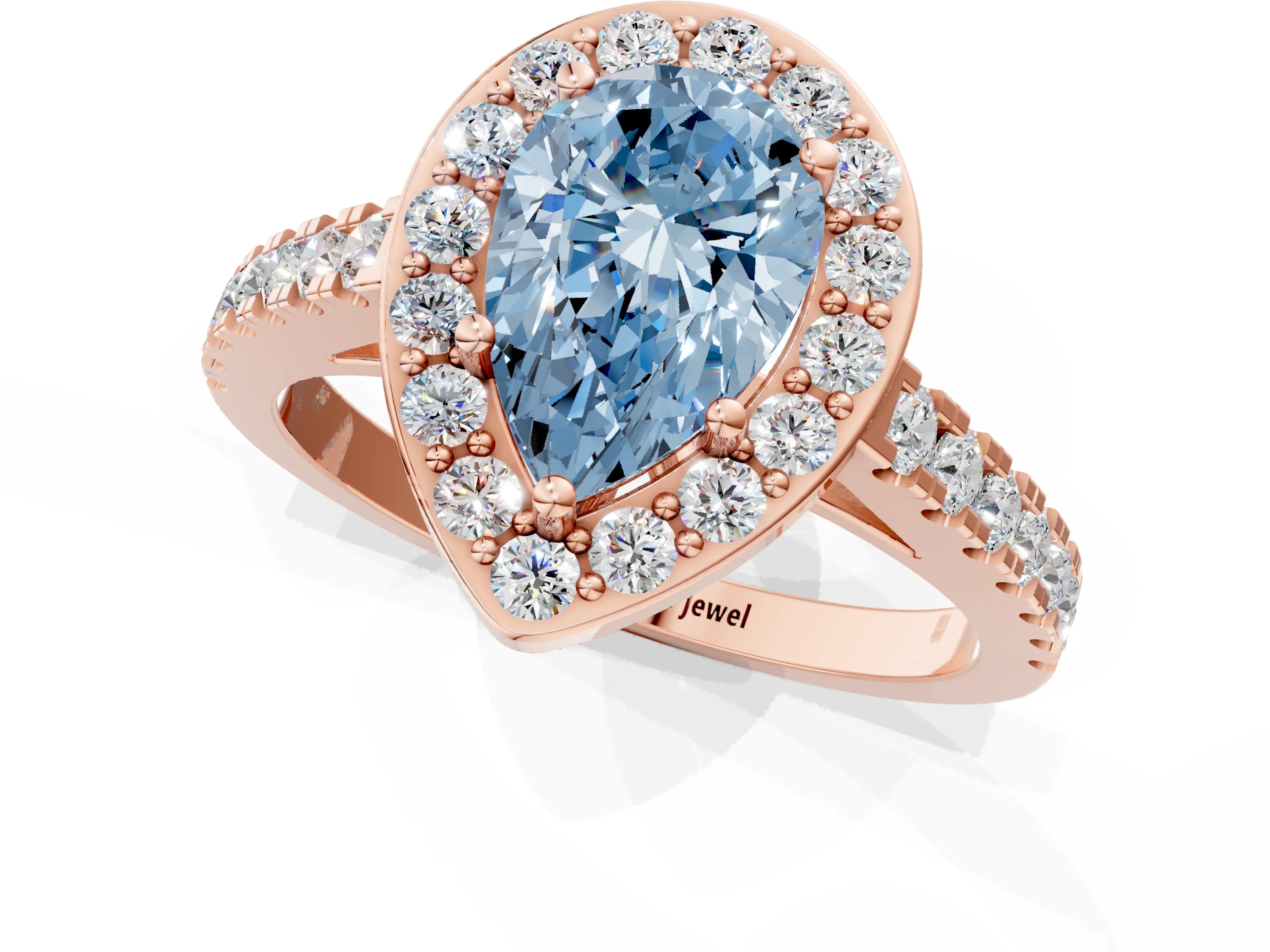 Rose gold Fancy Blue Pear Cut Halo Diamond Ring with Pavé Band and Three-Prong Setting_1