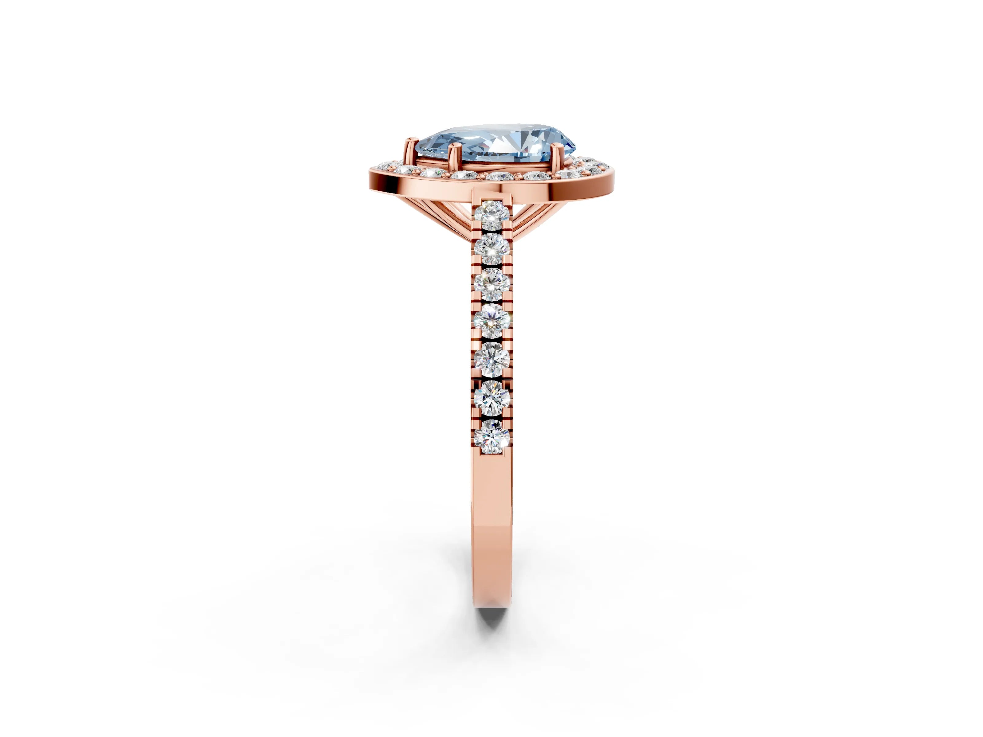Rose gold Fancy Blue Pear Cut Halo Diamond Ring with Pavé Band and Three-Prong Setting_2