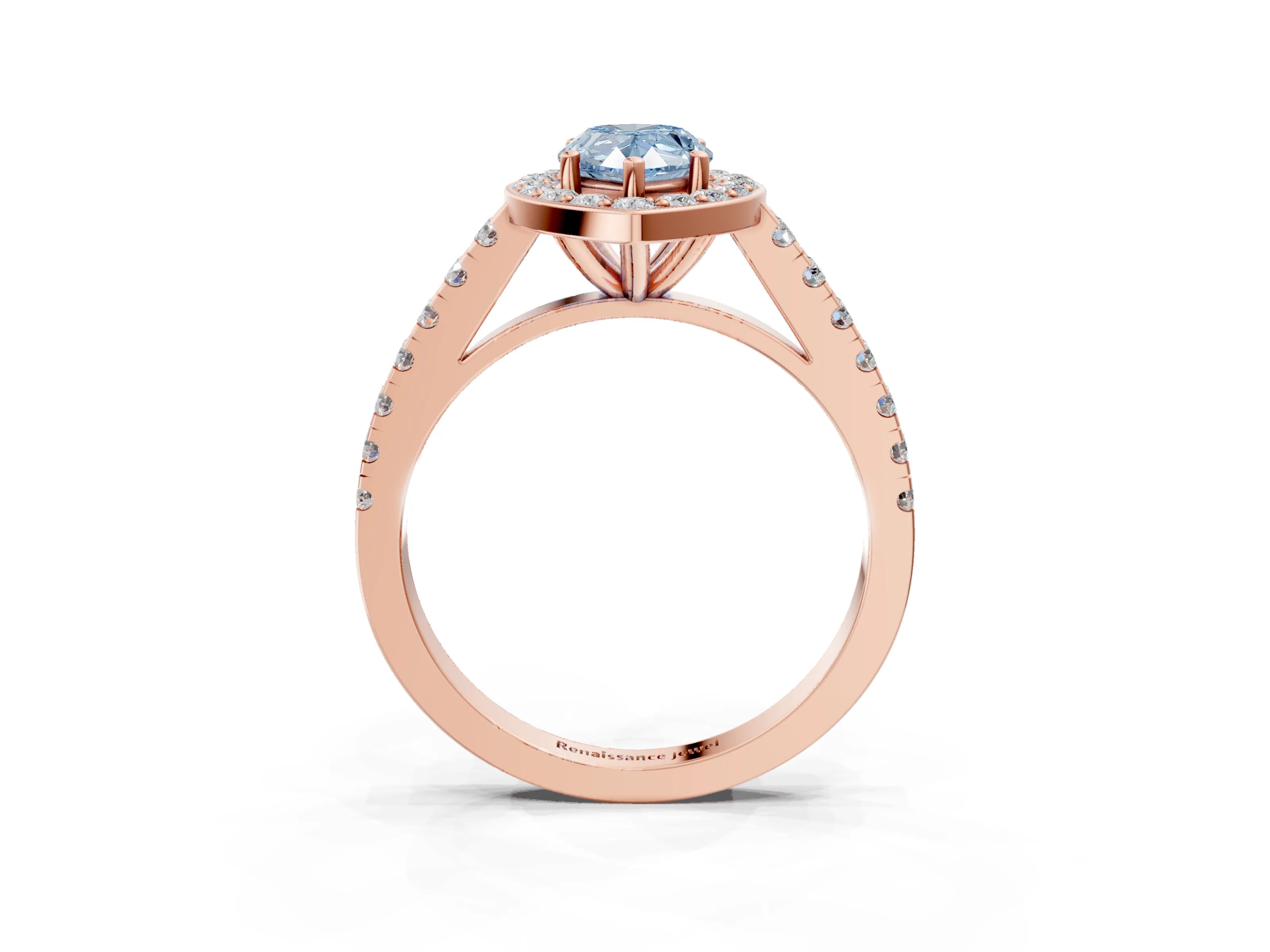 Rose gold Fancy Blue Pear Cut Halo Diamond Ring with Pavé Band and Three-Prong Setting_3