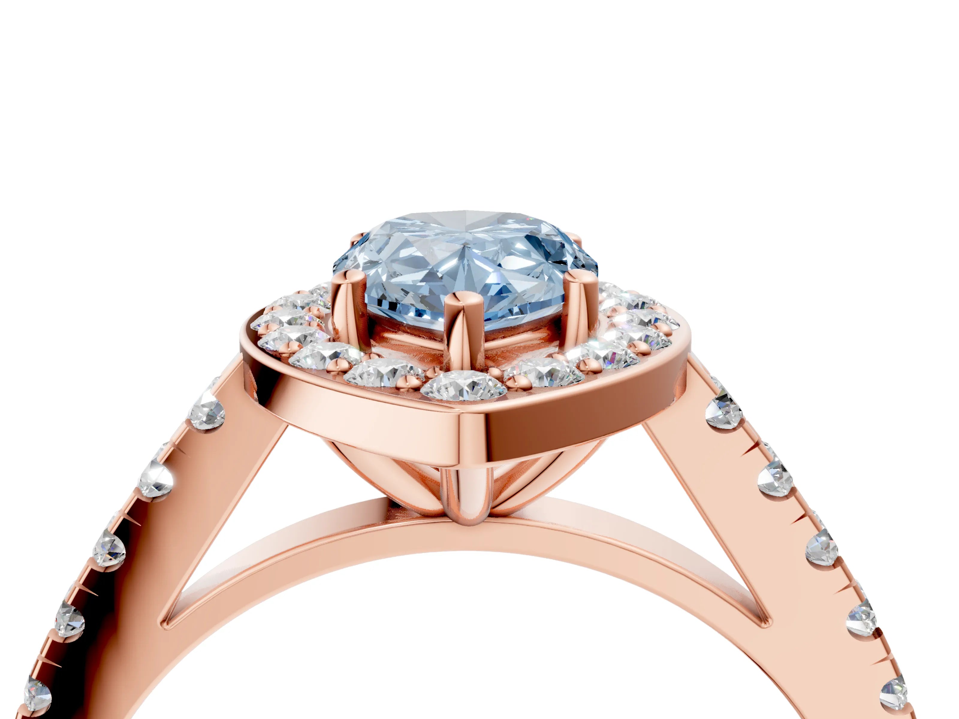 Rose gold Fancy Blue Pear Cut Halo Diamond Ring with Pavé Band and Three-Prong Setting_4