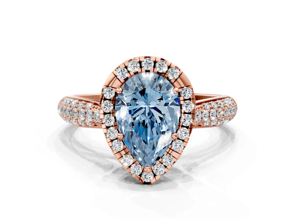 Rose gold Fancy Blue Pear Cut Halo Diamond Ring with Pavé Band