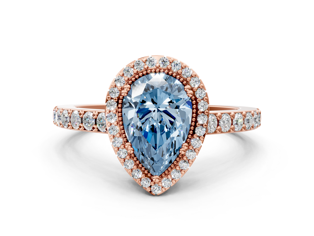 Rose gold Fancy Blue Pear  Cut Halo Diamond Ring with Pave Band and Four-Prong Setting_24
