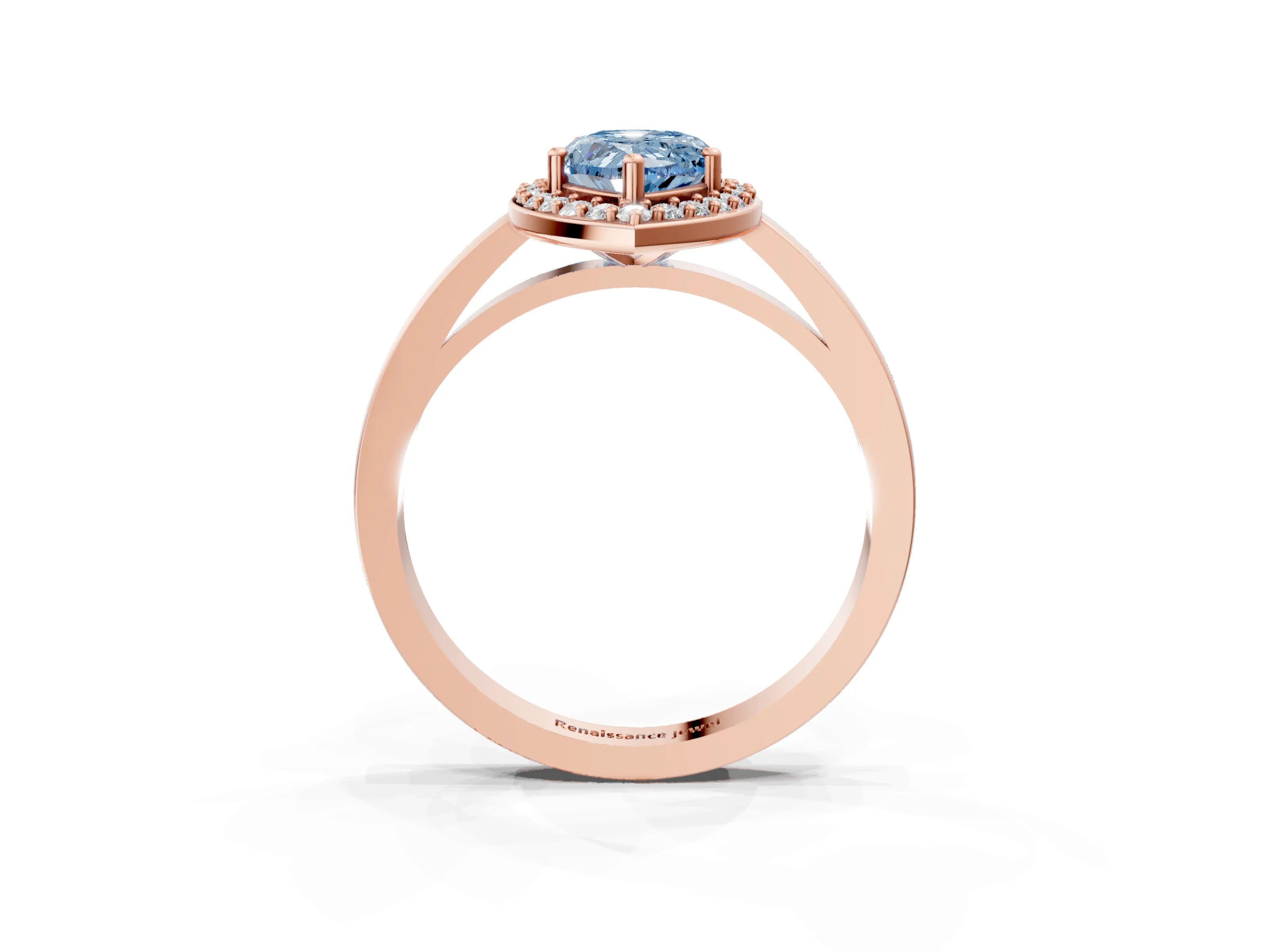 Rose gold Fancy Blue Pear Cut Halo Diamond Ring with Solitaire Band and Prong Setting_3