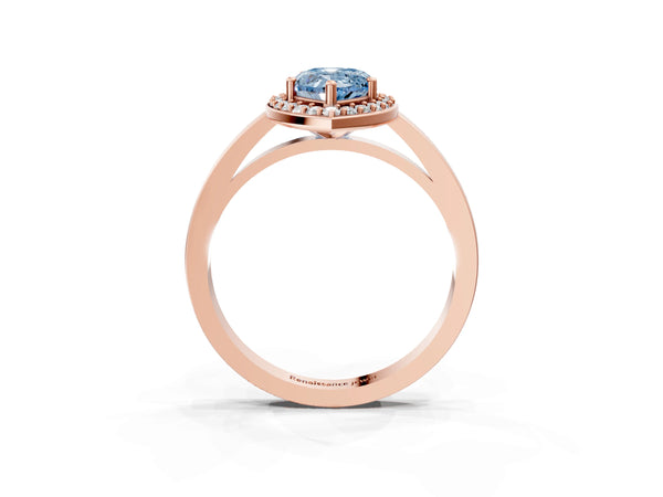 Rose gold Fancy Blue Pear Cut Halo Diamond Ring with Solitaire Band and Prong Setting