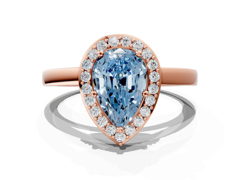 Rose gold Fancy Blue Pear Cut Halo Diamond Ring with Solitaire Band and Prong Setting