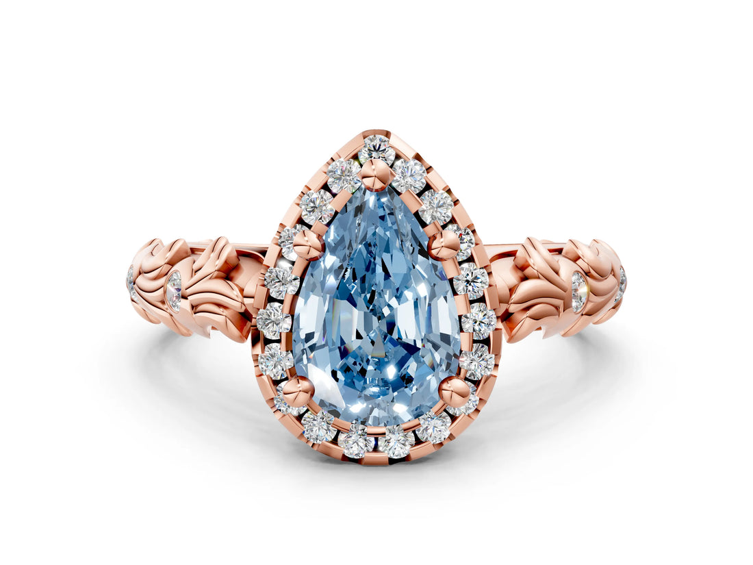Rose gold Fancy Blue Pear Cut Halo Diamond Solitaire with Filigree Band and Four-Prong Setting