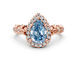 Rose gold Fancy Blue Pear Cut Halo Diamond Solitaire with Filigree Band and Four-Prong Setting