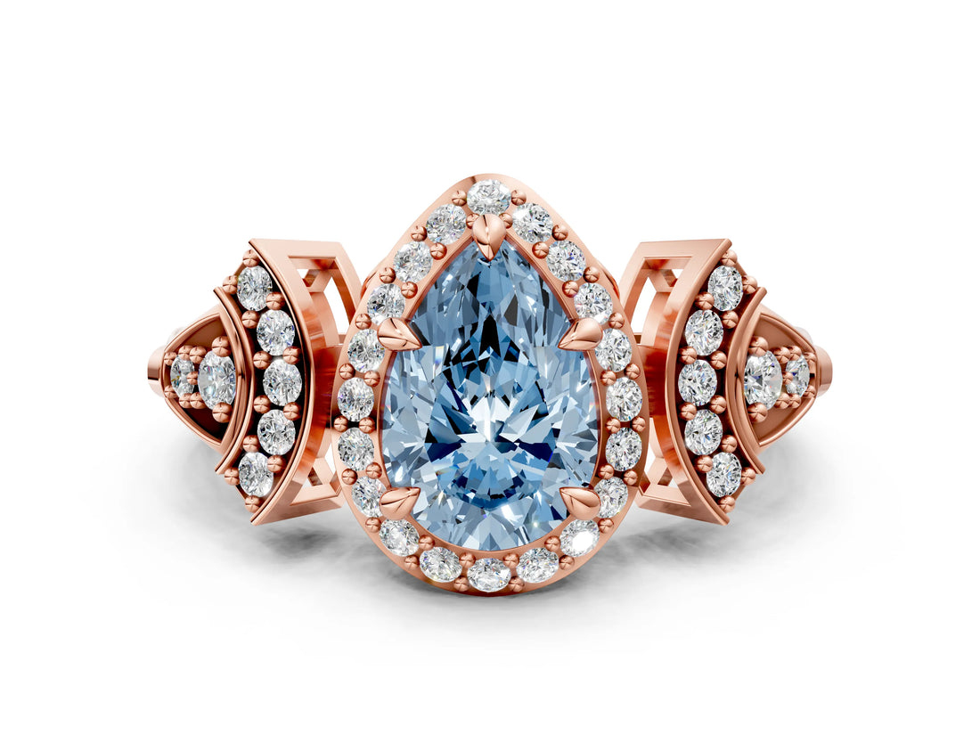 Rose gold Fancy Blue Pear Cut Halo Diamond Split Shank Engagement Ring with Four-Prong Setting_12