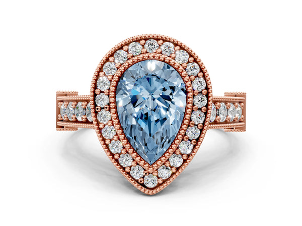 Rose Gold Pear-Shaped Vintage Bezel Halo Engagement Ring Setting for Fancy Blue Center