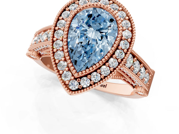 Rose Gold Pear-Shaped Vintage Bezel Halo Engagement Ring Setting for Fancy Blue Center