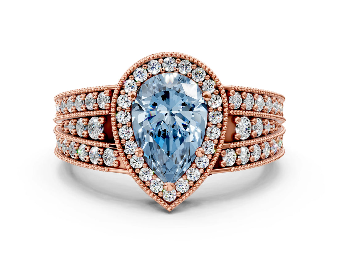 Rose gold Fancy Blue Pear Cut Halo Diamond Split Shank Ring with Prong Setting