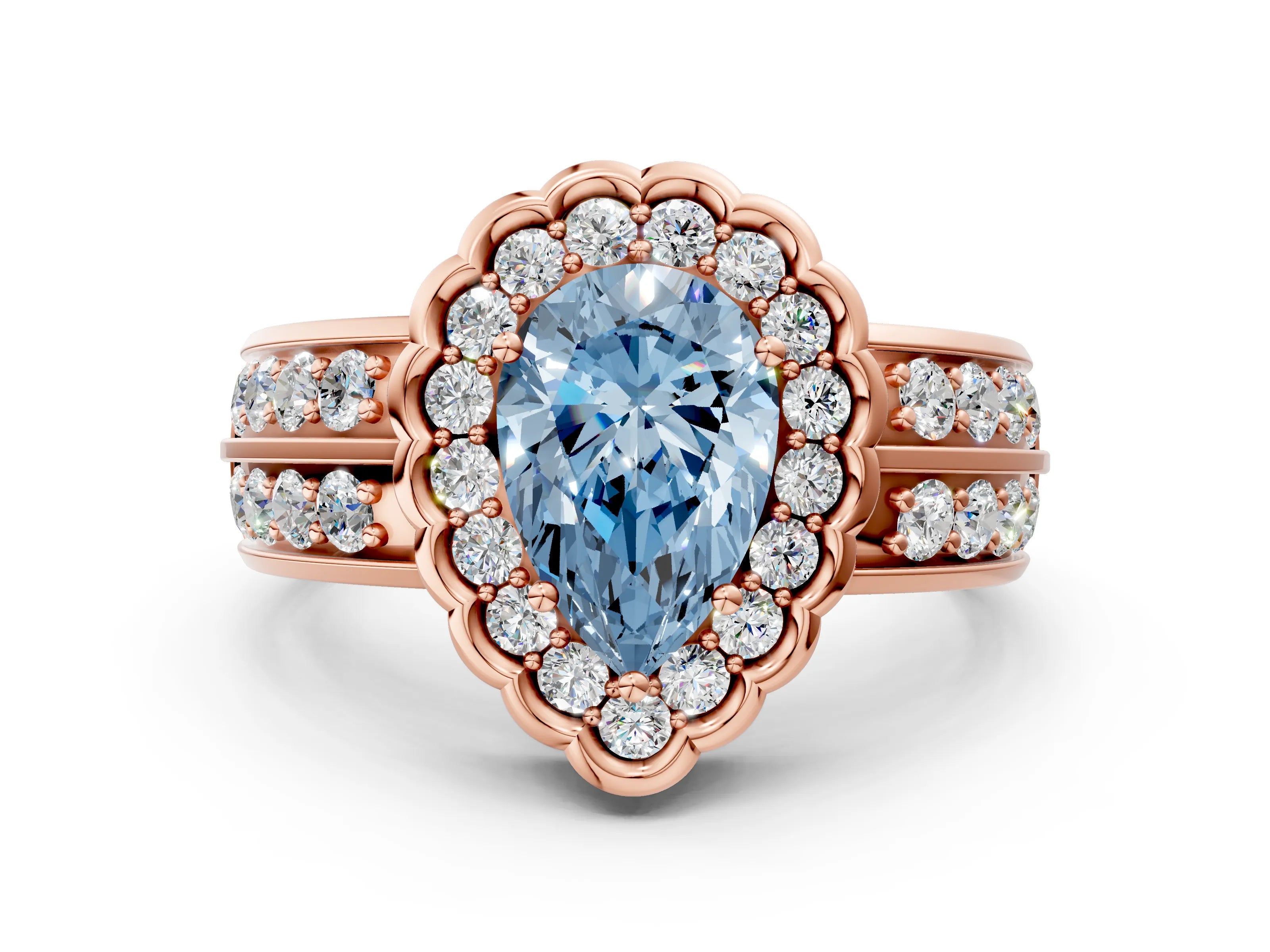 Rose gold Fancy Blue Pear Cut Halo Diamond Split Shank Ring with Scalloped Prong Setting