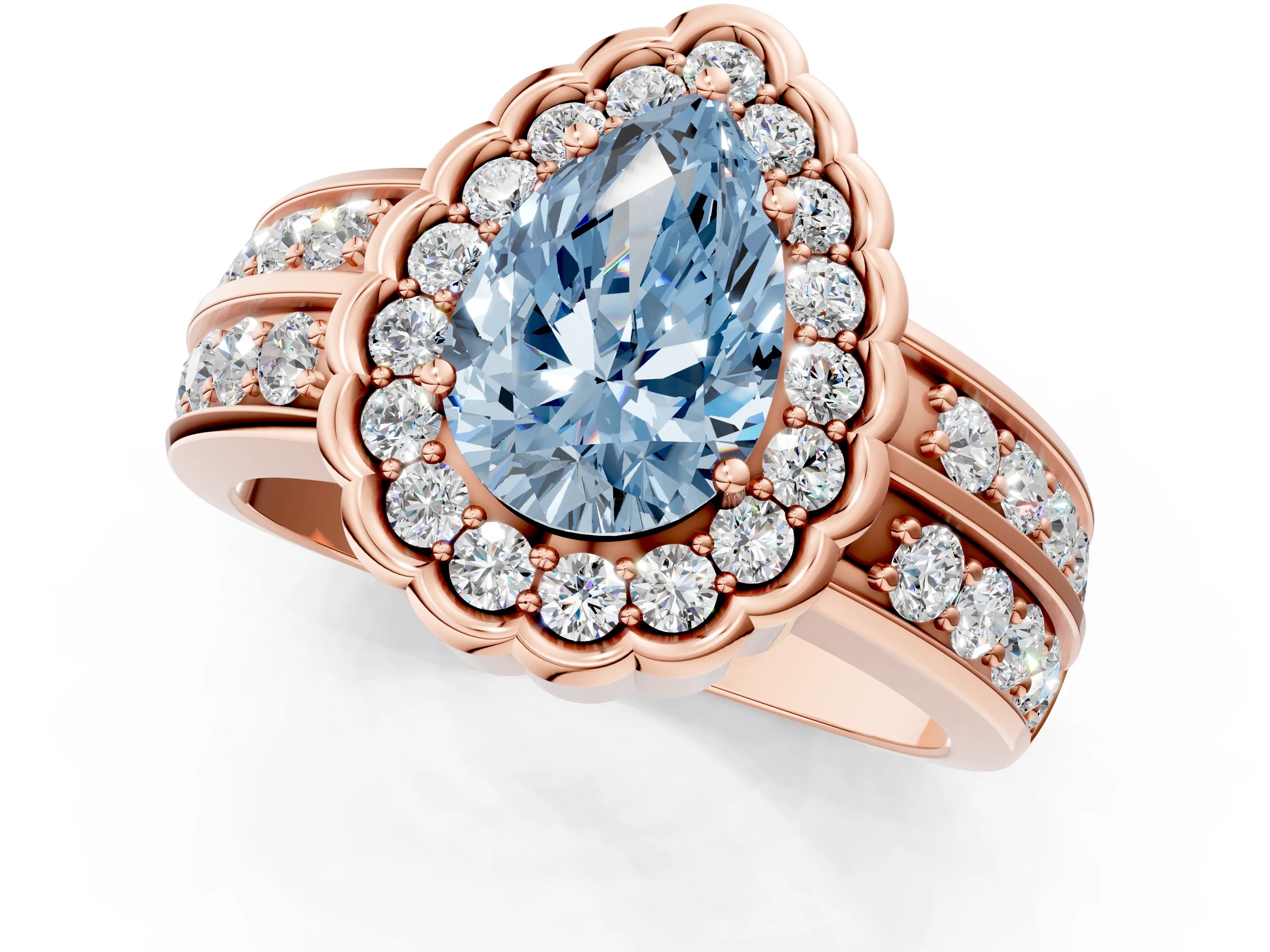 Rose gold Fancy Blue Pear Cut Halo Diamond Split Shank Ring with Scalloped Prong Setting_1