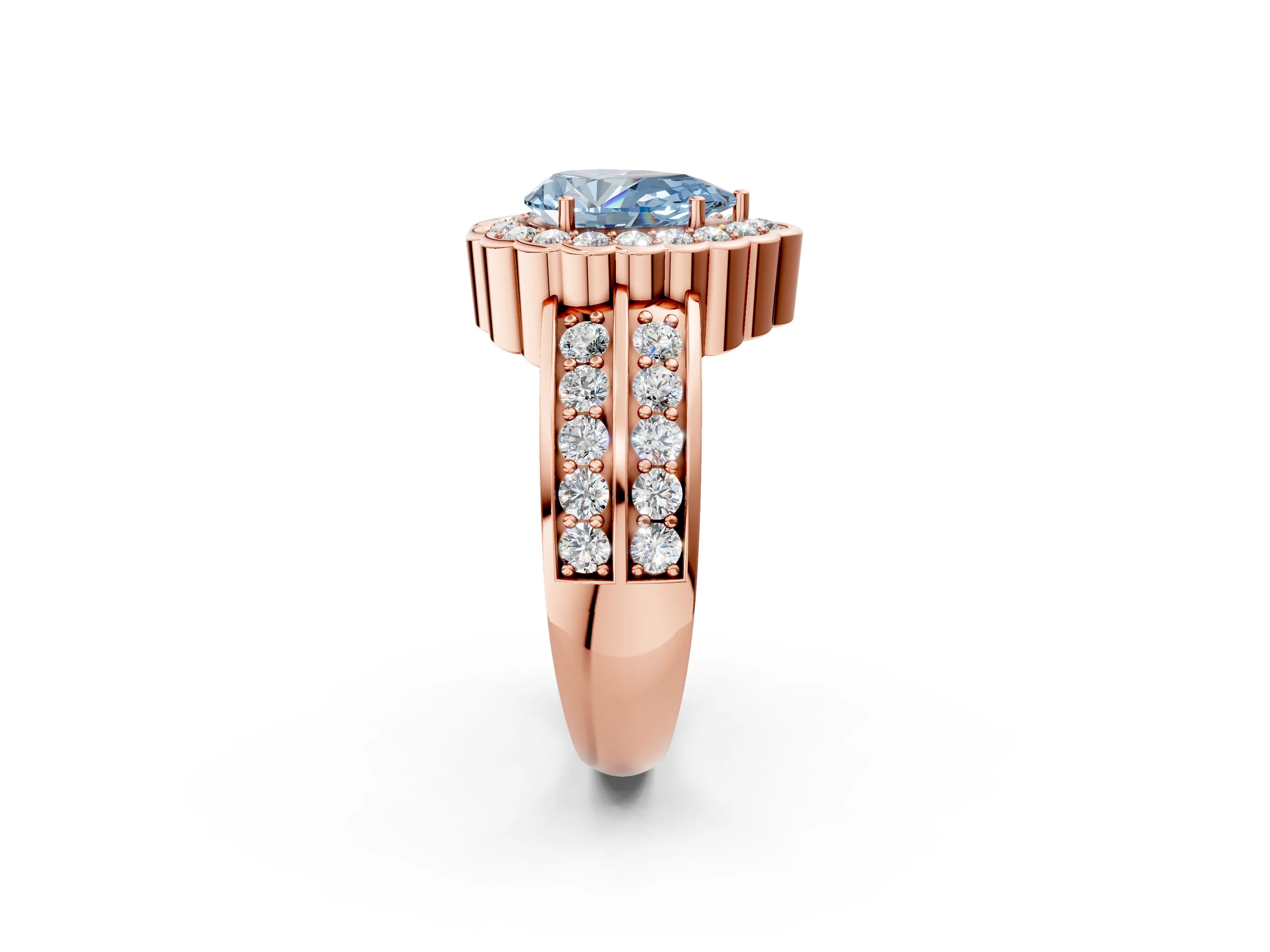 Rose gold Fancy Blue Pear Cut Halo Diamond Split Shank Ring with Scalloped Prong Setting_2