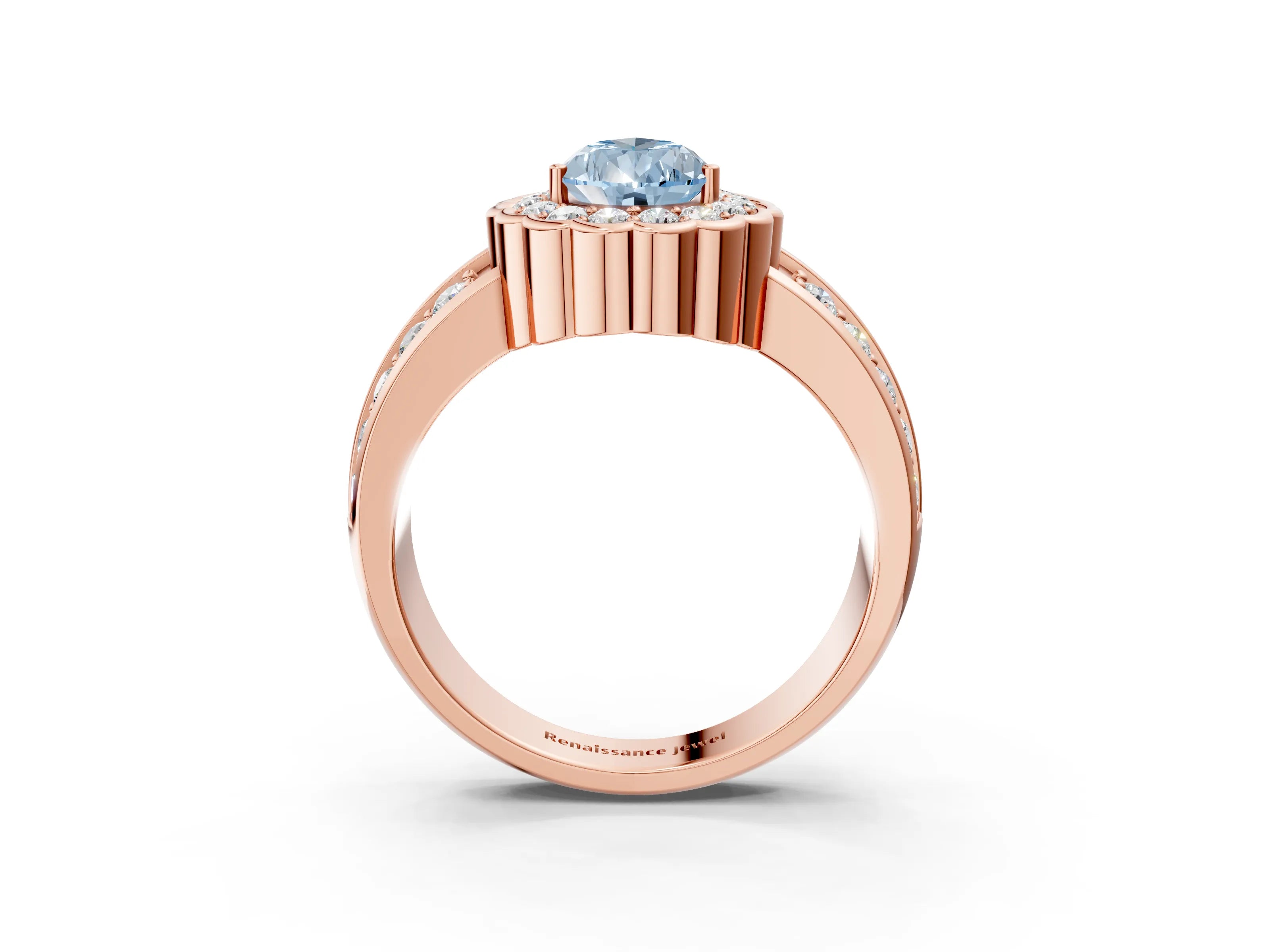 Rose gold Fancy Blue Pear Cut Halo Diamond Split Shank Ring with Scalloped Prong Setting_3